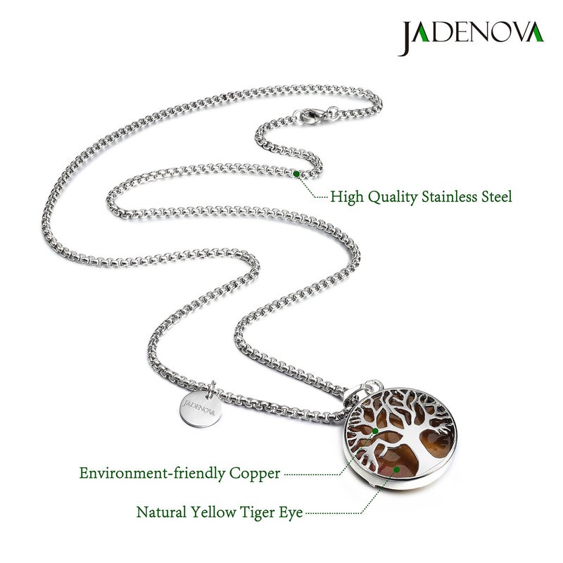 JADENOVA Family Tree Necklace Tree of Life Natural Yellow Tiger Eye Gemstone Crystal Pendant Necklace 24 Inches Stainless Steel Chain - Image 2